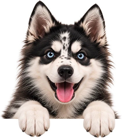Kenai, la mascotte de SOLIS, les pattes posées sur le bord de la carte.